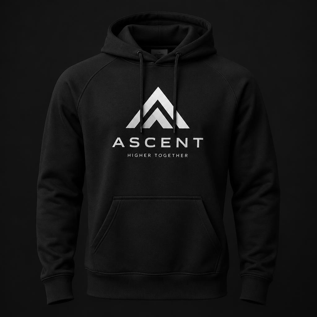 Black hoodie with a printed chest logo